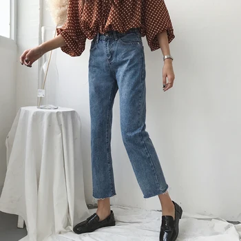 

Korean High Waist Straight Jeans Woman College Style Loose Button Casual Jeans Ladies Simple Solid Slim Women'S Jeans 2020