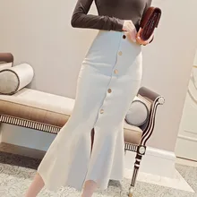 LANMREM Однотонная юбка рыбий хвост зимняя женская новая Корейская стильная однобортная плиссированная трикотажная юбка с высокой талией PC304