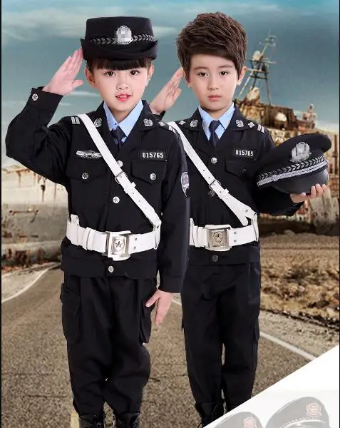 Kids Police Uniform Children Performance Clothing Include Jacket Pant Belt Hat Traffic Cosplay Suit Spring