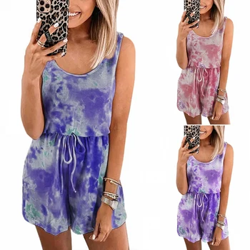

Women's Summer Fashion Tie-Dye Lace-Up Casual Vest Top Jumpsuit Shorts
