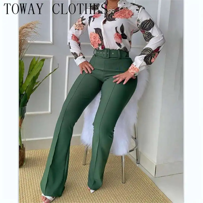 

Leaf Print Buttoned Shirt & High Waist Pants Set 2022 Autumn Women Casual Two Piece Work Wear Fashion Suit Sets Long Sleeve