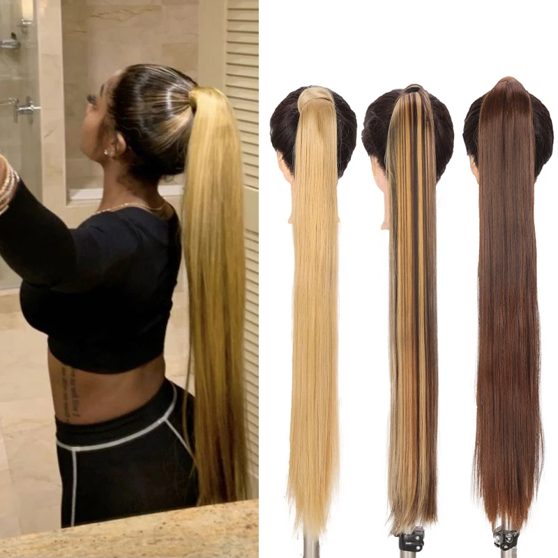 

JINKAILI 32-inch Long Straight Wrap Around Clip In Ponytail Hair Extension Heat Resistant Synthetic Ponytail Fake Hair wigs