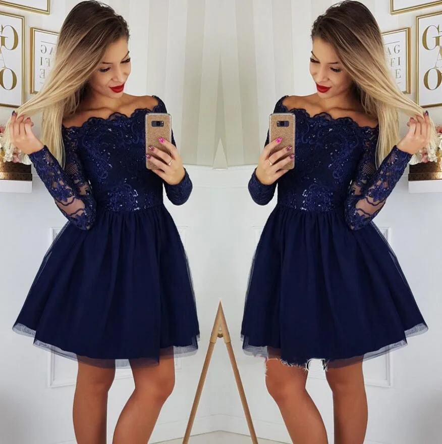 

Long Sleeves Lace A-Line Homecoming Dresses Tulle Applique Short Prom Cocktail Party Dresses Plus Size Vestidos De Festa