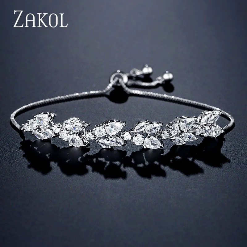 

ZAKOL High Quality White Cubic Zirconia Leaf Adjustable Bracelets For Women Fashion Bridal Wedding Party Jewelry FSBP2159
