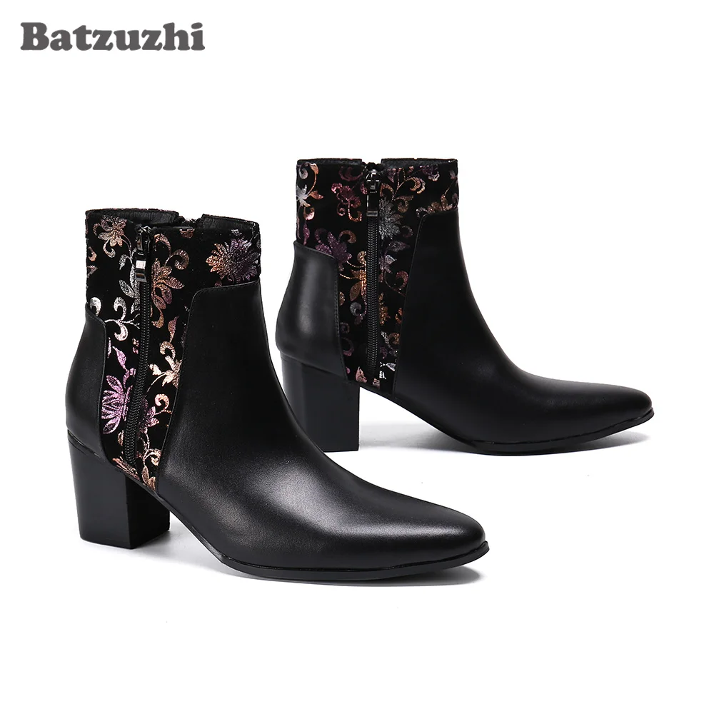 

Batzuzhi Black Genuine Leather Ankle Boots 7.5CM Heels High Men Boots Gentlemen chaussure homme Party and Wedding Boots for Men