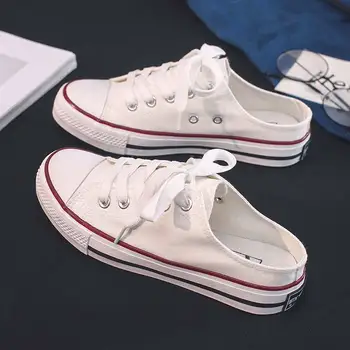 

Casual half-drag canvas shoes woman 2019 new fashion solid sneakers women vulcanized shoes lace-up no heel lazy shoes flats