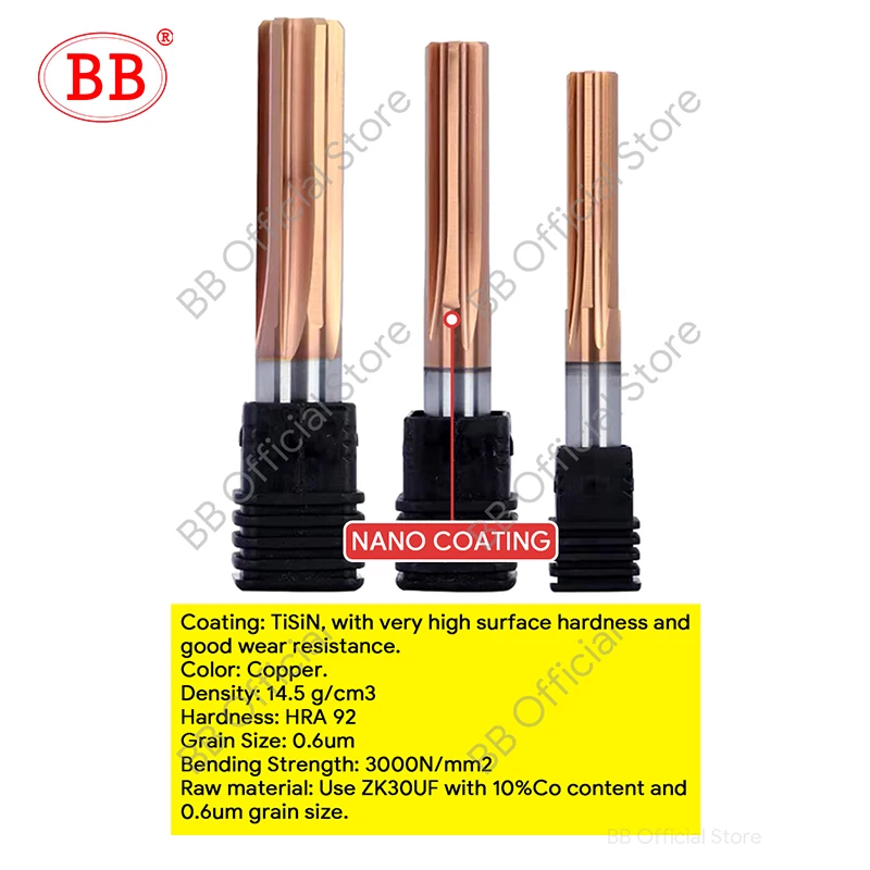 BB Carbide Machine Reamer Coated Straight Flute H7 Tolerance Chucking Hardened Steel Metal Cutter 6 Flutes CNC 6~20mm 4