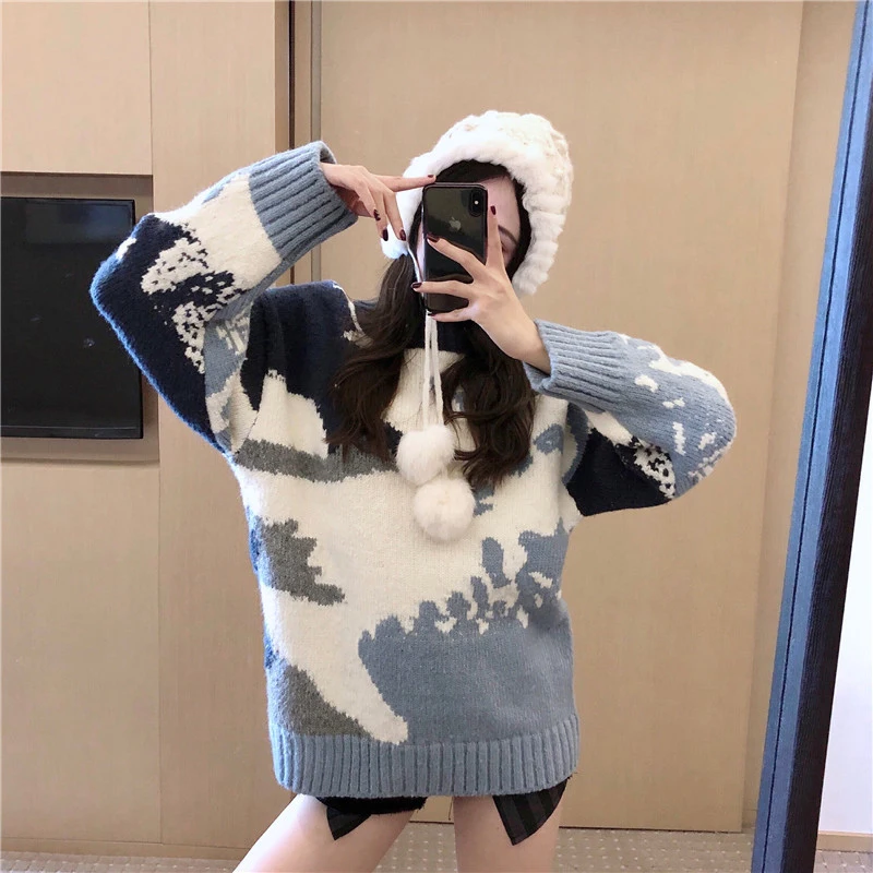 

Print Casual Sweater Women Pullover 2019 Autumn Winter Warm Pullover Tunic Contrast Color Knit O-neck Jumper Top Fashion-sweater