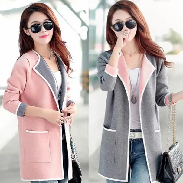 2019 Robe Autumn Office Women Shirts Knitting Open Long Spell Color Sweater Blouse Shirt Pink Light Grey Rose WF498 |