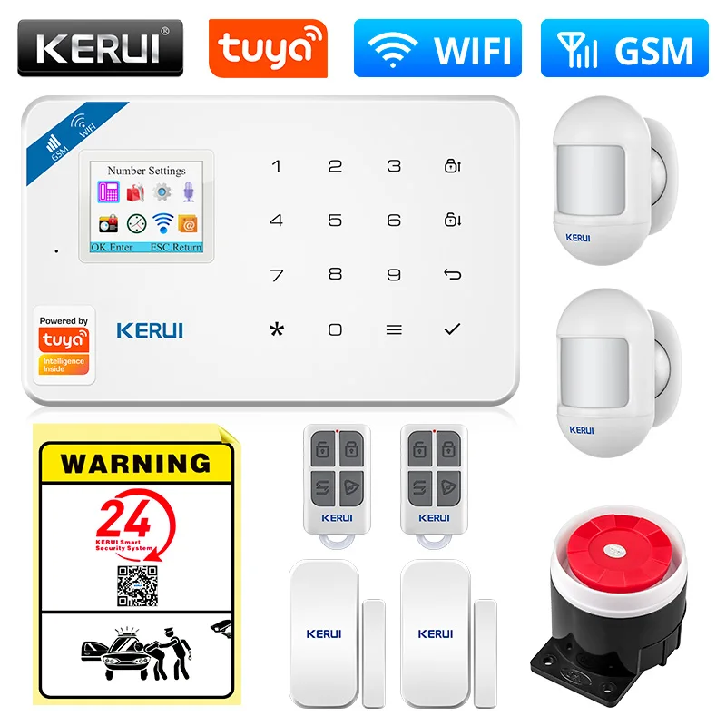 KERUI Tuya Smart WIFI GSM Security Alarm System Works With Alexa Home Burglar Motion Detector Smoke Door Window Sensor IP Camera elderly sos alarm Alarms & Sensors