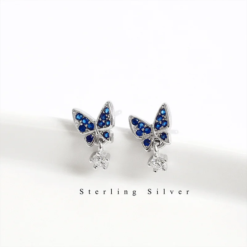 

S925 Sterling Silver Blue Butterfly Zircon Ear Stud Simple Temperament Anti-Allergy Female Earrings Party Jewelry