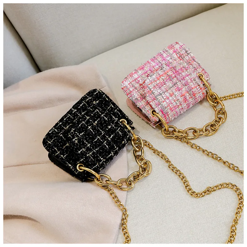 

Women Small Square Chains Bag Autumn Winter Woolen Korean Fashion Crossbody Messenger Chain Metal Handbag Girl Bags