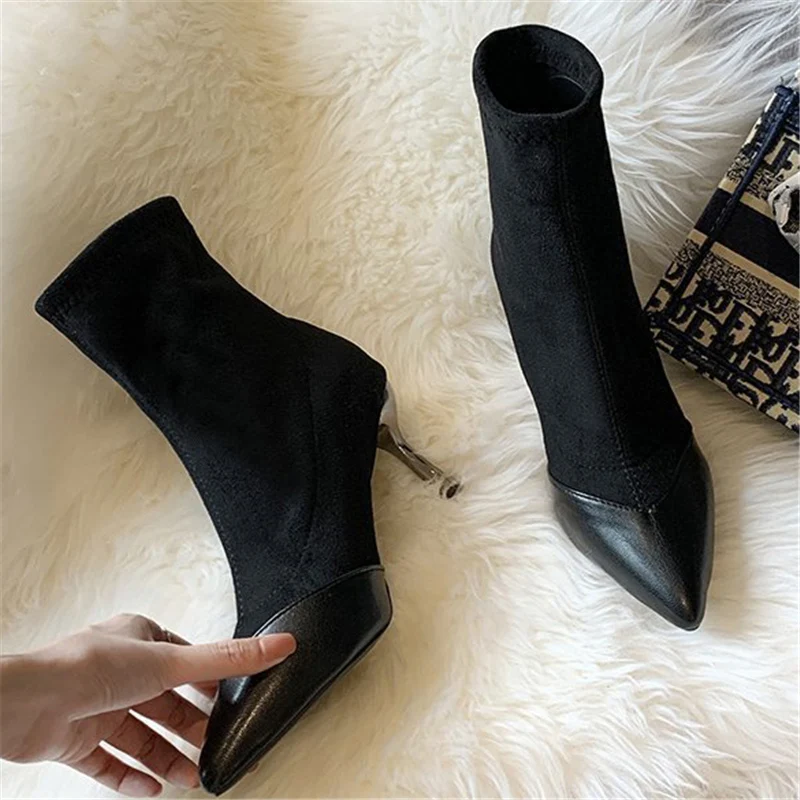 Botines aterciopelados con punta en pico para Mujer, Botas negras de tacón  alto, elegantes, para fiesta, 2020 - AliExpress Calzado