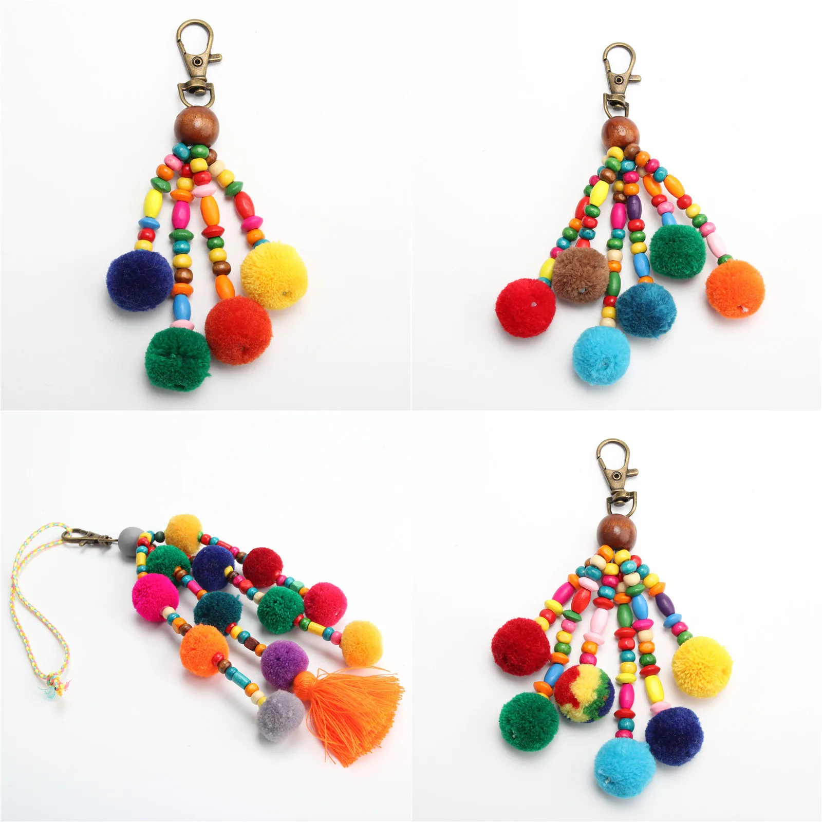 1pc 2019 Bohemian Handmade Bag Pendant Women Charm Pompom Keychain Colorful Bead Tassels Big