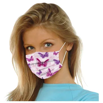

100PCS Adult Non-woven Fabric Mask Butterfly Printed Disposable Face Mask Breathable 3 Layers Mouth Cover Masques Jetables