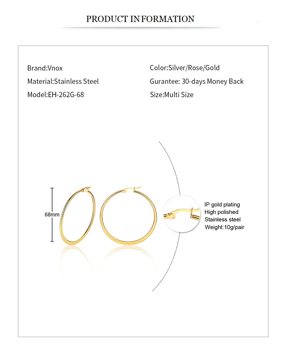 Vnox, простые серьги-кольца большого размера для женщин, антиаллергенные, нержавеющая сталь, классические круглые серьги в стиле хип-хоп, Женские Ювелирные изделия