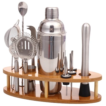 

Stainless Steel Cocktail Snow Cup Mixer 11 Piece Set Wooden Stand Base