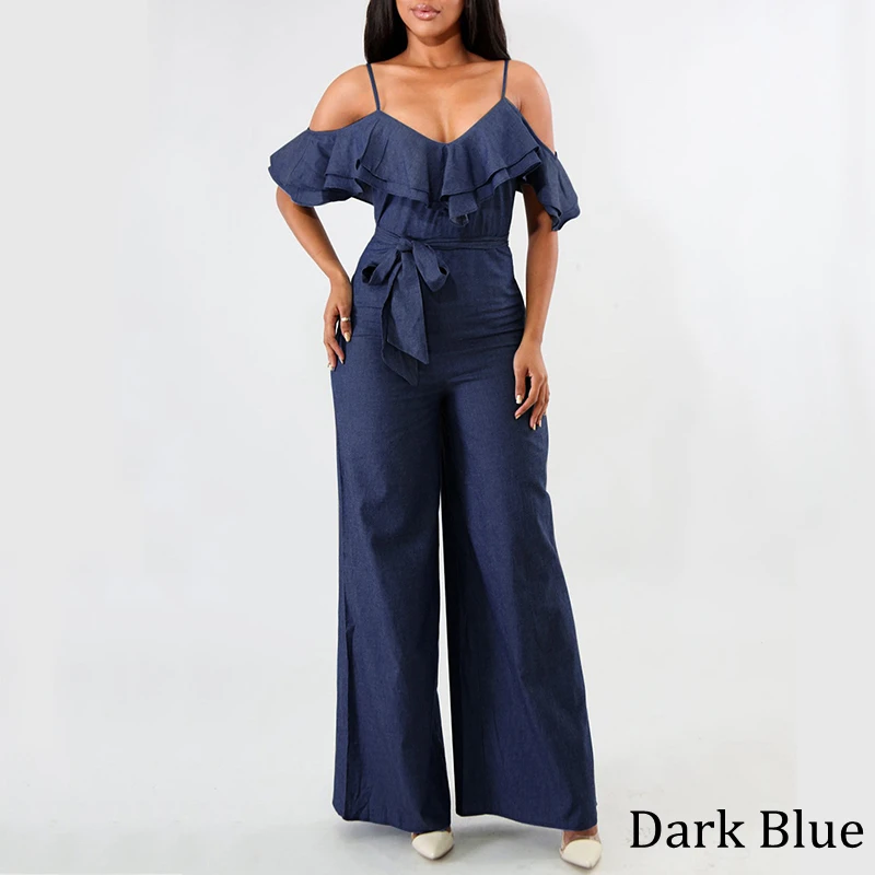

VOND Plus Size Demin Overalls Romper Women Jumpsuit 2019 Summer Wide Leg Pants Casual Loose Sexy Club Ruffle Sleeve Playsuits