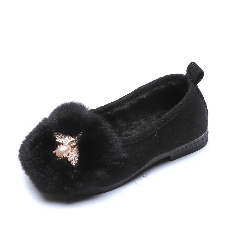 black Girls Casual Fur Shoes Butterfly Decoration Baby Girl Scoop Shoes Children Moccasin Kids Fashion Performance Show Flats - Цвет: black
