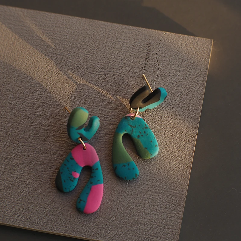 Stone Marble Effect Multi Dark Colors Unusual Irregular Shape Light Weighted Turquoise Polymer Clay Earrings Sets Gifts For Lady