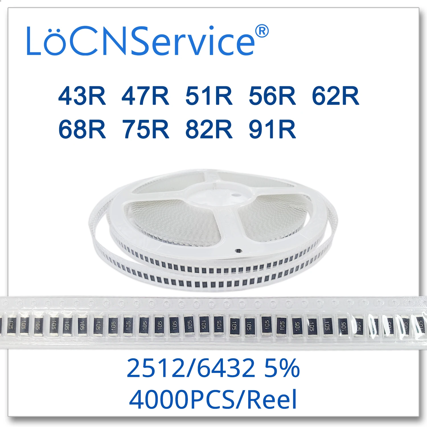 LoCNService 2512 5% 4000 шт. 43R 47R 51R 56R 62R 68R 75R 82R 91R высокое качество smd 6432 резистор Ом |