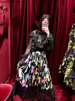 

Chu D Tulips Printing Elegant Lace Splicing Elegant Temperament Women's Wear Medium Length Half Body Skirt