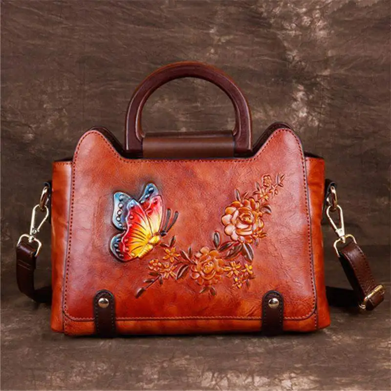 

WERAIMJX High Quality Genuine Leather Women Handbags Totes New Designer Flowers Butterfly Embossing Shoulder & Crossbody Bags