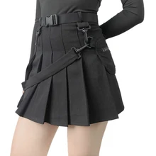 Women Skirts Sexy Harajuku Short Skirts Casual Grey Sashes Fashion Pleated Skirts Punk Mini Skirt Vintage