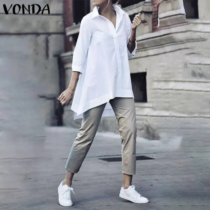 VONDA хлопковые блузки женские повседневные с отложным воротником однотонные