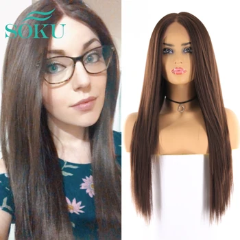 

SOKU Medium Brown Color Synthetic Lace Front Wigs Long Yaki Straight Middle Part Natural Hair Wig for Black Women