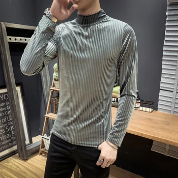 

High Quality Men Gold Velvet T Shirts Fashion 2019 Long Sleeve Mens Casual Warm T-Shirt Slim Fit High Collar Turtleneck Men Tees