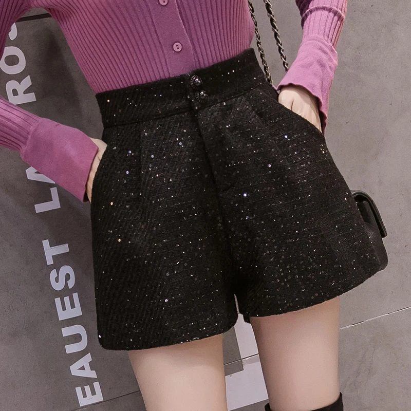 REALEFT Autumn Winter Street Woolen Short High Waist Vintage Party Wide Leg Pants Casual Short Pant Female Pocket New