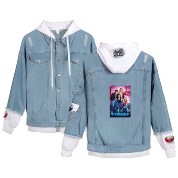

Harajuku style Riverdale stitching fashion denim autumn and winter hooded jacket men and women fashion clothingcasualdenimjacket