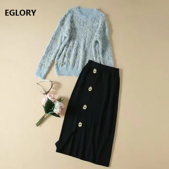 

Two Piece Sweater Sets 2019 Autumn Winter Set Women Geometric Patterns Knitted Pullovers+Seashell Buttons Mid-Calf Black Skirts
