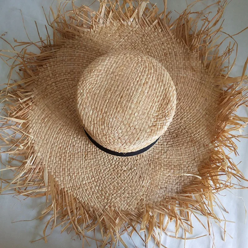 Весна лето флоппи рафия пляжная шляпа с бахромой соломенные шляпы широкими полями шляпа от солнца двойной козырек шапки черная полоса шляпы с плоским верхом