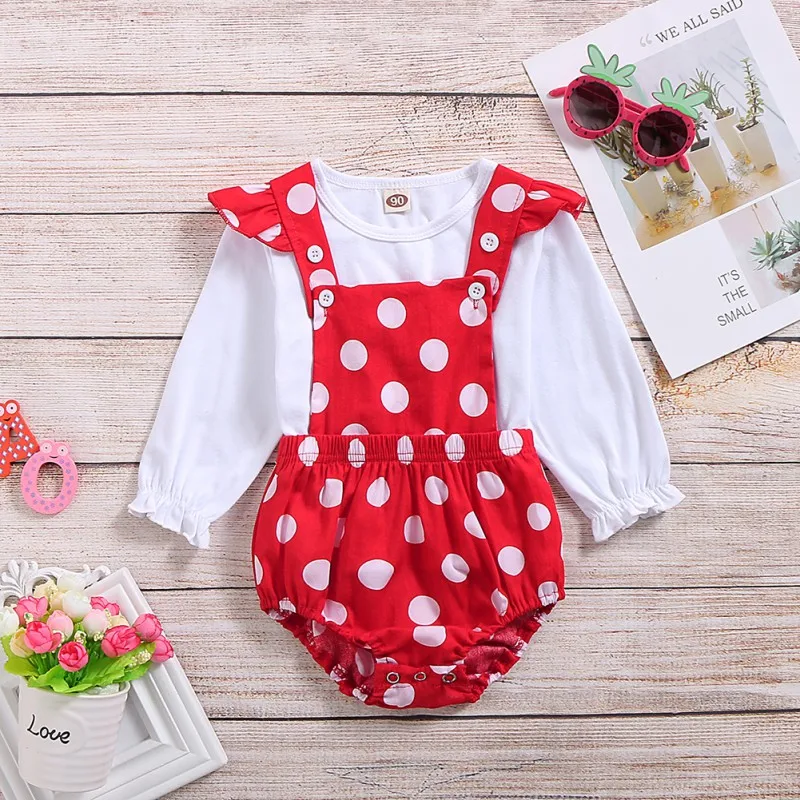 

Spring Autumn Fashion Two-Piece Baby's SetsSuit Baby Girl White Long-Sleeved Shirt Wave Dot Print Straps For Infant Girls