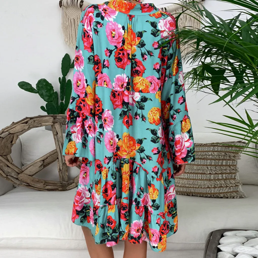 Vestidos femininos, женское свободное мини-платье с цветочным принтом и коротким рукавом, осеннее платье, осенняя одежда для женщин, Прямая поставка 1015