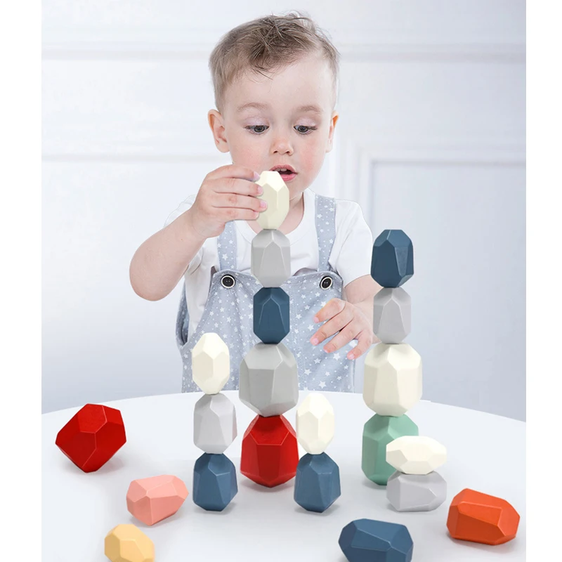 Wooden Jenga Wooden blocks Colored Stone Creative Educational Toys Nordic Style Stacking Game Rainbow Stone Building Block Toy