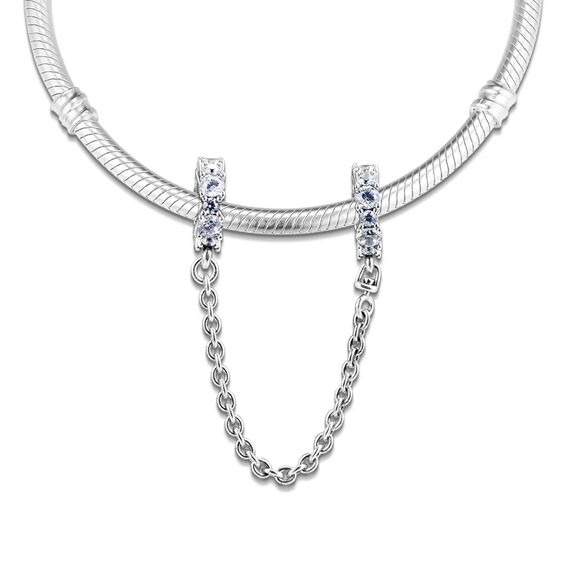 Подходит для браслетов Pandora Charms, прозрачные блестящие безопасные бусины-цепочки 925 пробы, серебряные ювелирные изделия