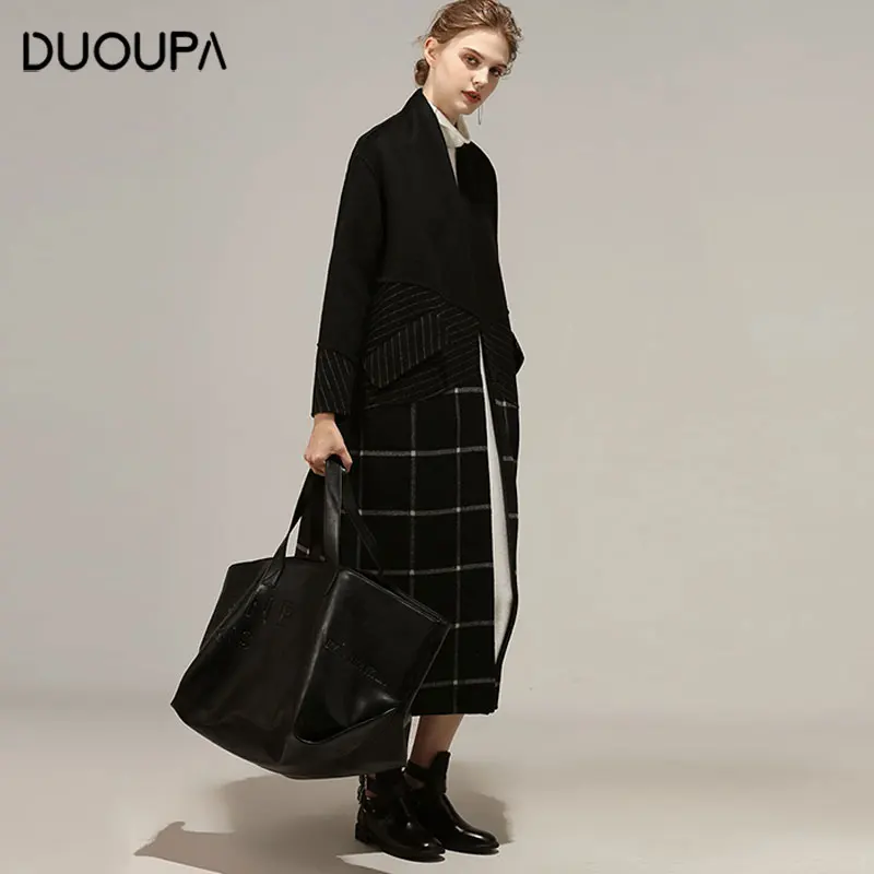 

2019 New Ladies Autumn Coat Elegant Black Stitching Woolen Coat Warm Coat Korean Fashion Office Long Section Large Size Coat