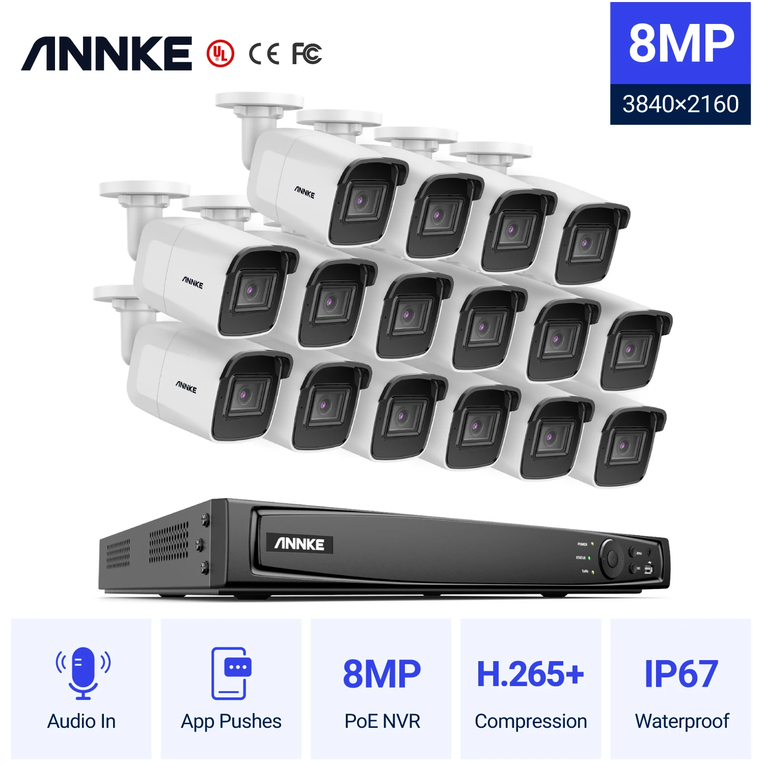 

ANNKE 4K Ultra HD POE Video Surveillance System 16CH H.265+ NVR Recorder 4K Security Cameras Audio Recording 8MP PoE Ip camera