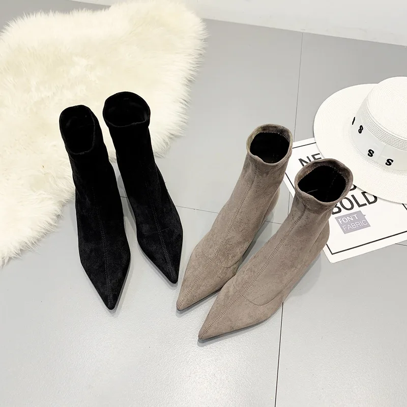 Kitten Heels booties pointed toe fashion women boots winter suede leather chelsea mid-calf martin botas stretch slip on botines