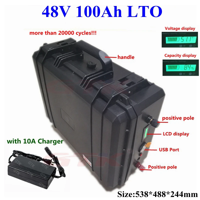 

Portable LTO 48V 80Ah 100Ah Lithium Titanate battery 2.4v cells with BMS for trolling motor solar energy storage +10A Charger