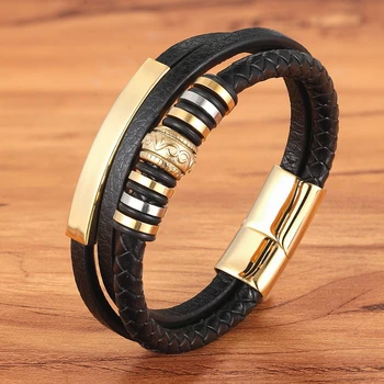 2020 Promotion Multi-layer Leather Stainless Steel Metal Luxury Men’s Leather Bracelet Accessories For New Year’s Gift