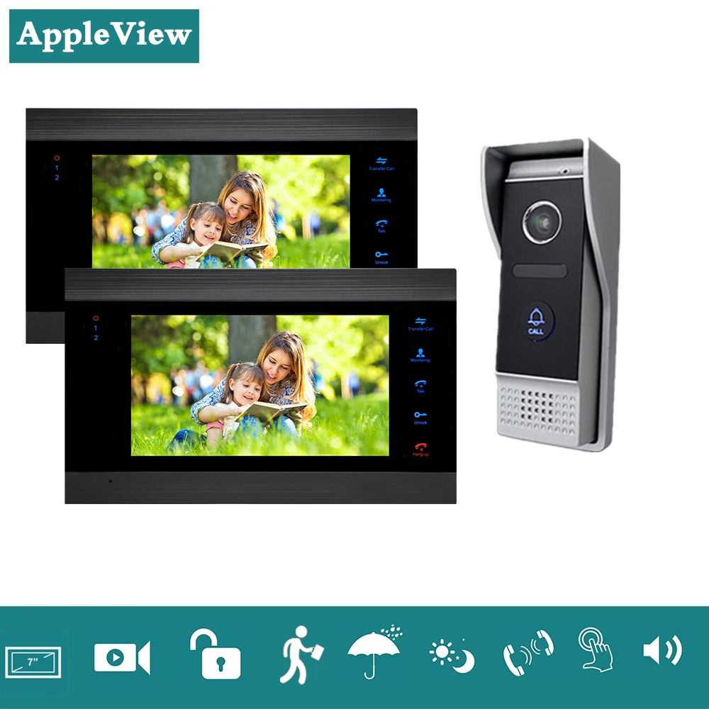 

Video Door Phone Intercom Entry System 1200TVL 1 Doorbell 2 monitor Motion Detection Night Vision