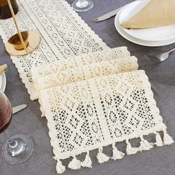 

Macrame Table Runner,Cotton Crochet Vintage Table Runner with Tassels,for Wedding Dining Table,Bohemians Style(24X220cm)