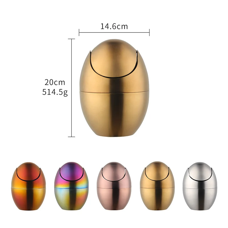 Desktop Waste Bin Gold Mini Metal Waste Bin Desktop Garbage Basket Egg-shaped stainless steel trash can with removable Swing lid Dustbin Basket