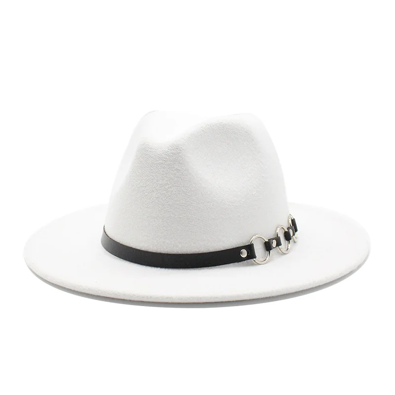 

Plain Men Women Wool Felt white black Fedora Trilby Hat with Belt and Metal Ring Flat Brim Jazz Party Formal Top Hat for Unisex