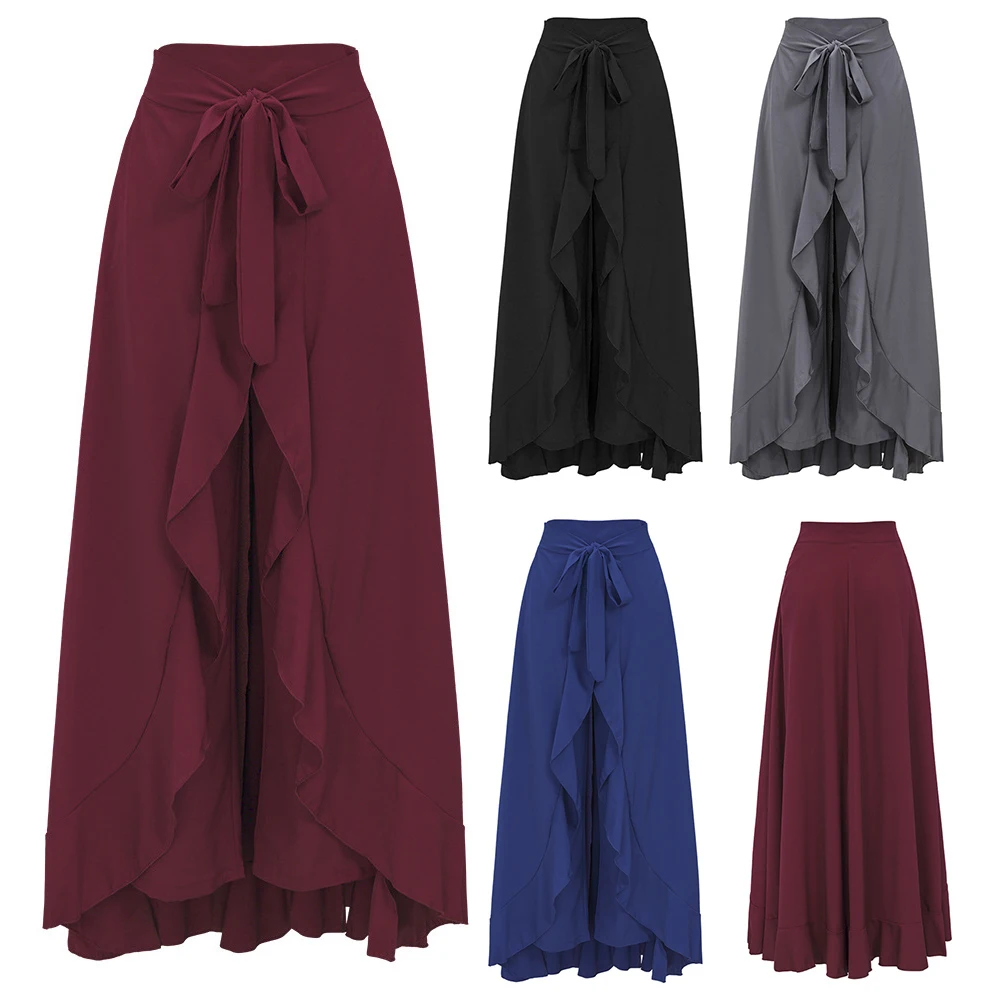 Для женщин досуг сплошной цвет галстук талии нерегулярные гофрированные палаццо брюки макси юбки