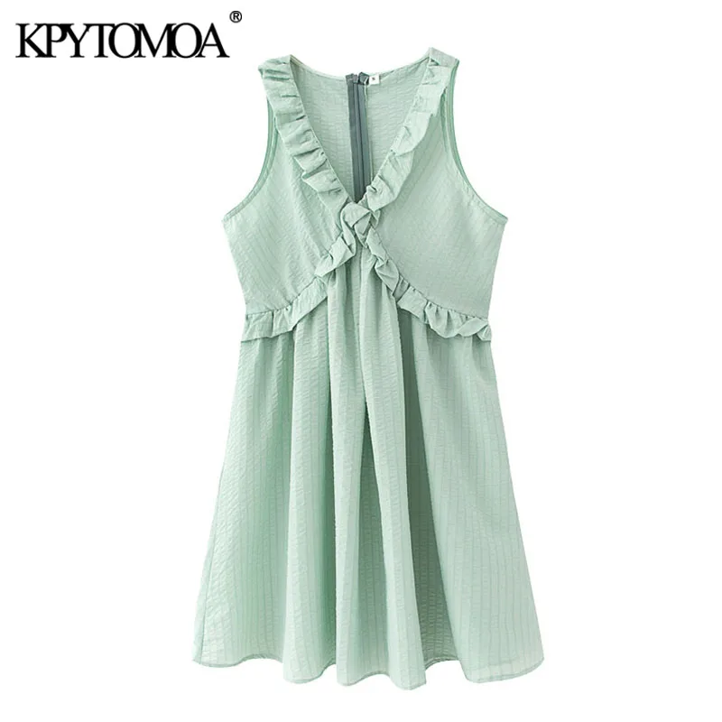 KPYTOMOA Women 2020 Sweet Fashion Ruffled Pleated Mini Dress Vintage V Neck Sleeveless Back Zipper Female Dresses Vestidos KPYTOMOA Women 2020 Sweet Fashion Ruffled Pleated Mini Dress Vintage V Neck Sleeveless Back Zipper Female Dresses Vestidos